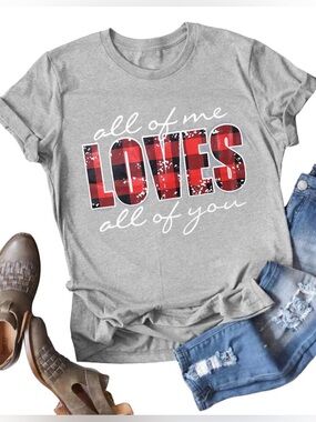 All of Me Loves All of You Graphic Tee - Grey with Red Plaid size S